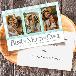 Best Mum Ever 3 Photo Mothers Day Gingham Hearts Holiday Card
