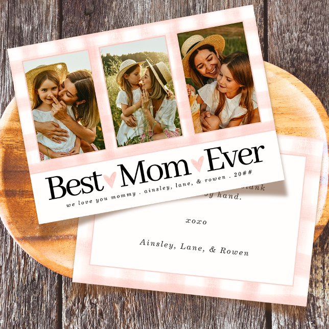 Best Mum Ever 3 Photo Mothers Day Gingham Hearts Holiday Card (Creator Uploaded)