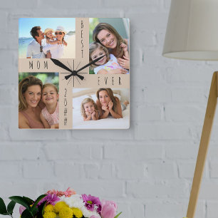 Best Mum Ever 4 Photo Collage Beige Square Wall Clock