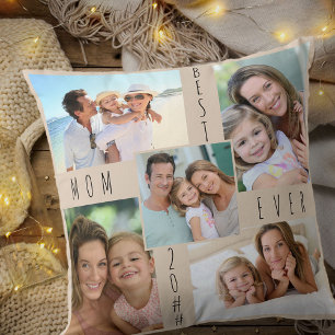 Best Mum Ever 5 Photo Collage Beige Cushion