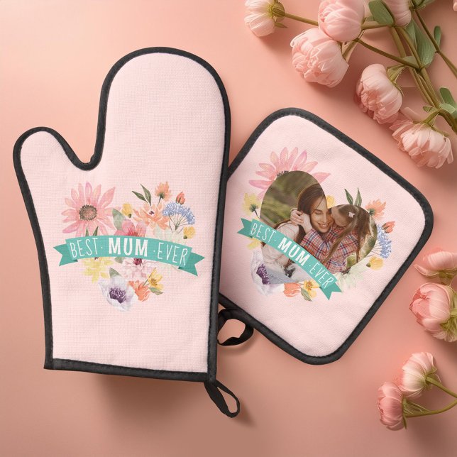 Best Mum Ever | Blooming Wildflowers Heart Photo Oven Mitt & Pot Holder Set (Best Mum Ever | Blooming Wildflowers Heart Photo Oven Mitt & Pot Holder Set)