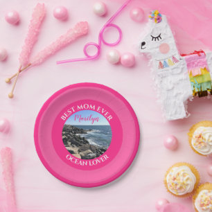 Best Mum Ever Blue Ocean Shore Photo Hot Pink Paper Plate