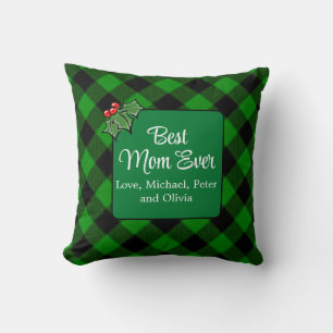 Best Mum ever Christmas classic green Plaid Holly  Cushion