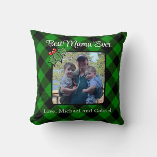 Best Mum ever Christmas classic green Plaid Holly  Cushion