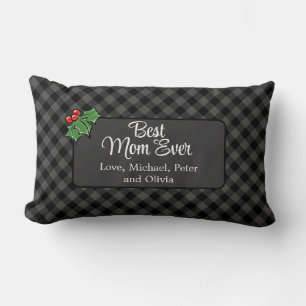 Best Mum ever Christmas classic grey Plaid Holly  Lumbar Cushion