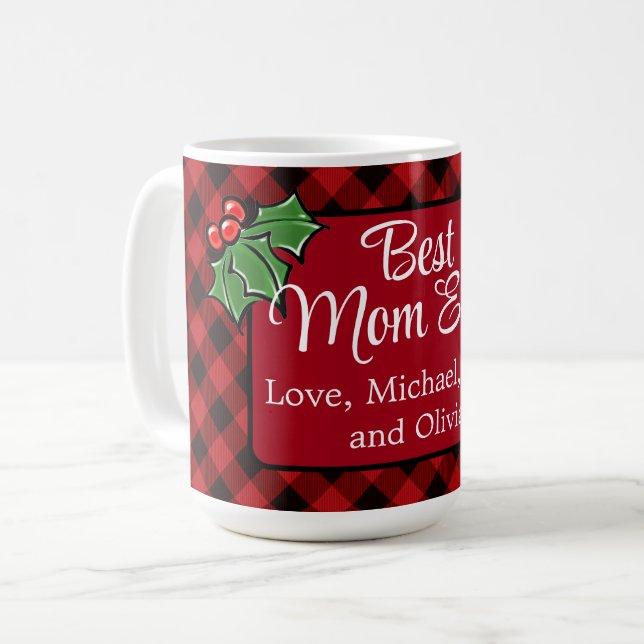 Best Mum ever Christmas classic Red Plaid Holly  Coffee Mug (Front Left)