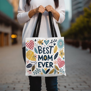 Best Mum Ever Colourful Hearts and Flowers Mother' Tote Bag