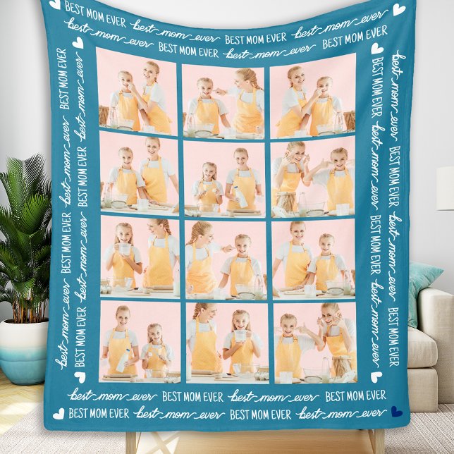 Best Mum Ever Custom 12 Photo Collage Mother's Day Fleece Blanket (Creator Uploaded)