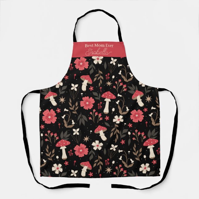 Best Mum Ever custom name mushroom floral apron (Front)