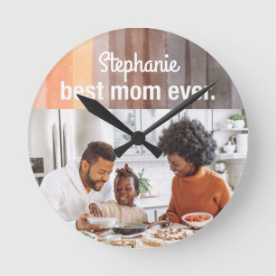 Best Mum Ever custom photo keepsake retro stripes Round Clock