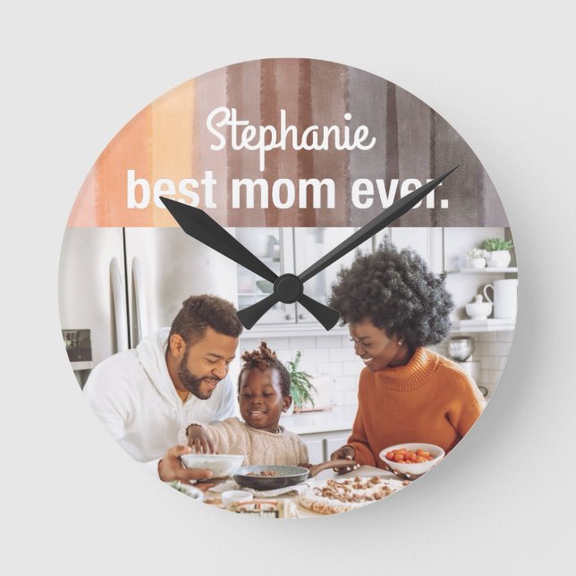 Best Mum Ever custom photo keepsake retro stripes Round Clock (Front)
