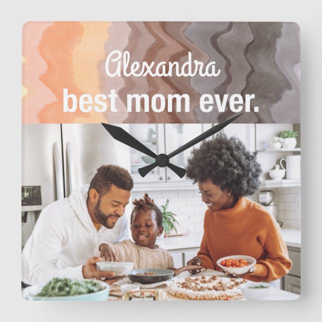 Best Mum Ever custom photo keepsake retro waves  Square Wall Clock (Front)