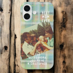 Best Mum Ever custom photo plaid pastel green cyan iPhone 16 Case