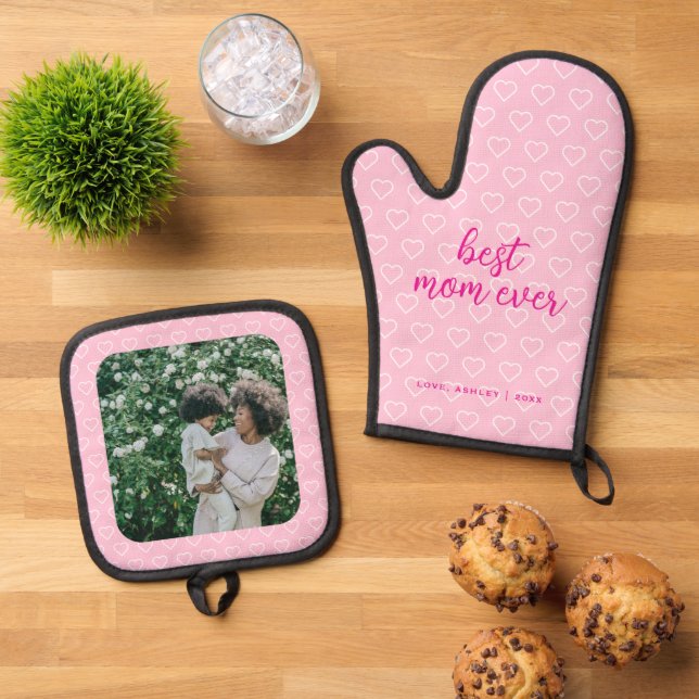 Best Mum Ever Cute Pink Heart Pattern Photo Trendy Oven Mitt & Pot Holder Set (Top Down)
