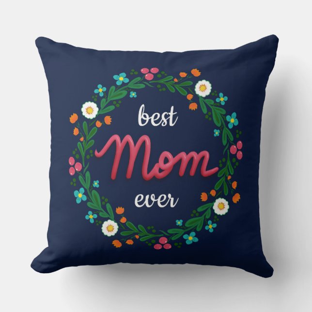 Best Mum Ever Elegant Navy Colourful Floral Wreath Cushion (Front)