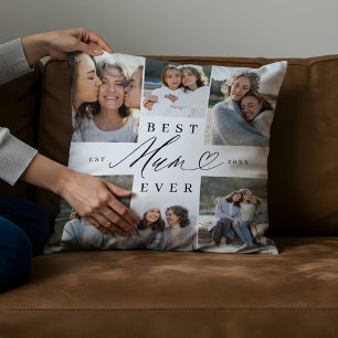 Best Mum Ever Elegant Script Heart Photo Collage Cushion