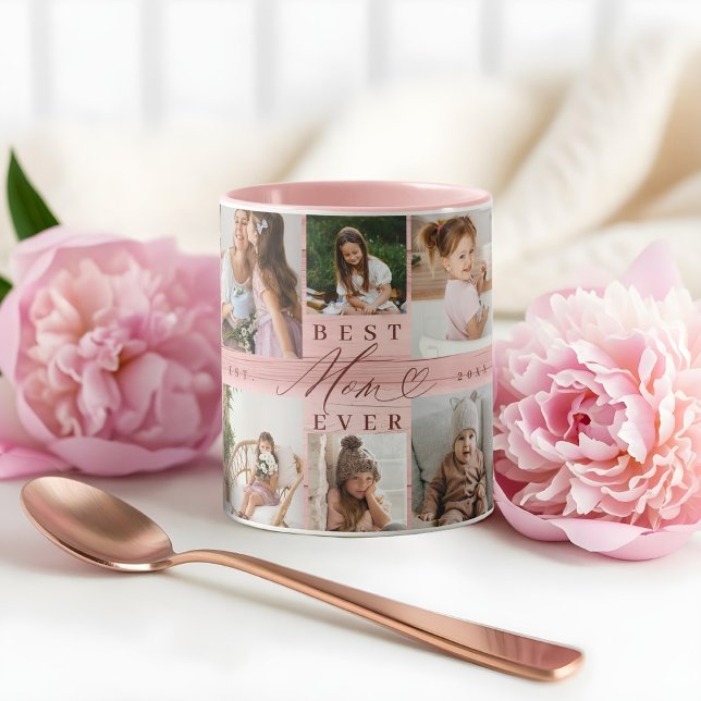 Best Mum Ever Family Photo Collage Pink Woodgrain  Mug (Best Mom Ever Family Photo Collage Pink Woodgrain Mug)