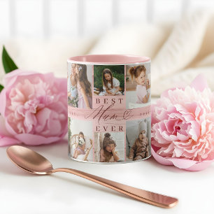 Best Mum Ever Family Photo Collage Pink Woodgrain Mug