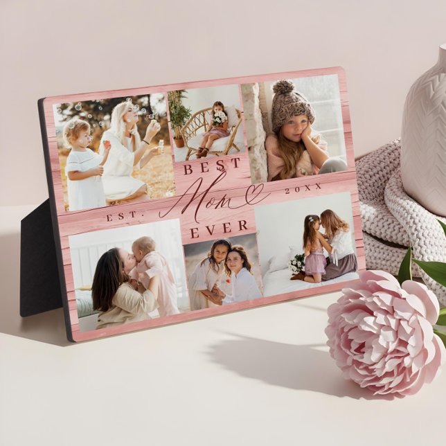 Best Mum Ever Family Photo Collage Pink Woodgrain Plaque (Best Mother Ever Photo Collage Pink Woodgrain Plaque)