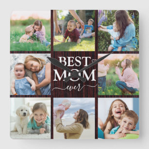 Best Mum Ever Family Photo Collage Rustic Square Wall Clock