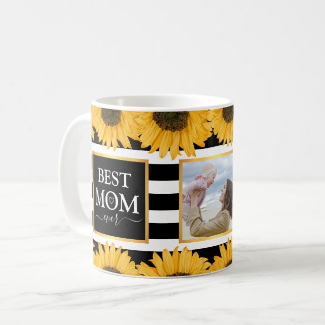Best Mum Ever Family Photo Sunflower Black Stripes Coffee Mug (Front Left)