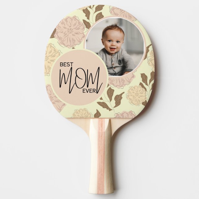 Best Mum Ever Floral Pattern Photo Ping Pong Paddle (Front)