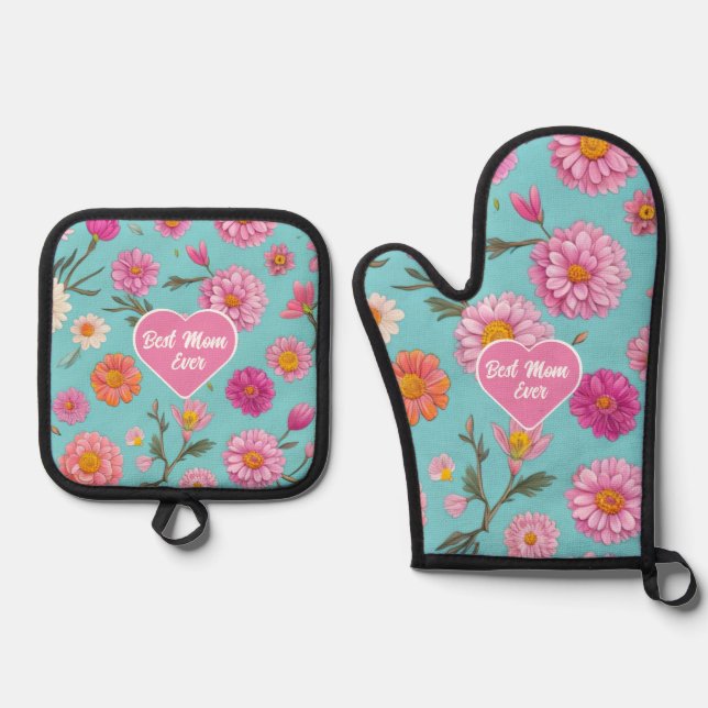 Best Mum Ever floral pink daisies pink flowers Oven Mitt & Pot Holder Set (Front)