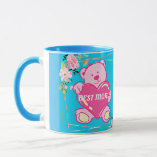 Best Mum Ever Florida Pink Teddy Bear Floral Blue Mug