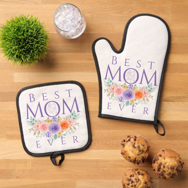 Best Mum Ever Flowers, Mother's Day Quote Oven Mitt & Pot Holder Set (Top Down)