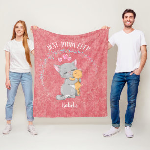 Best mum ever gift, cute Cat mum and kitten pink Fleece Blanket