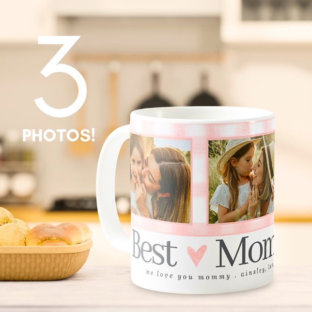 Best Mum Ever Gingham Hearts 3 Photo Mother's Day Coffee Mug (Creator Uploaded)