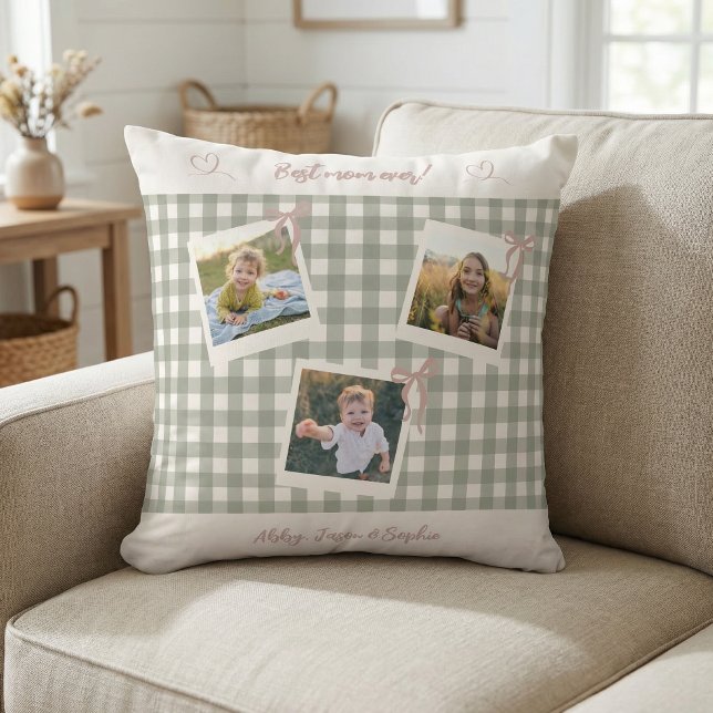 Best Mum Ever Gingham Photo Collage Cushion (Creator Uploaded)