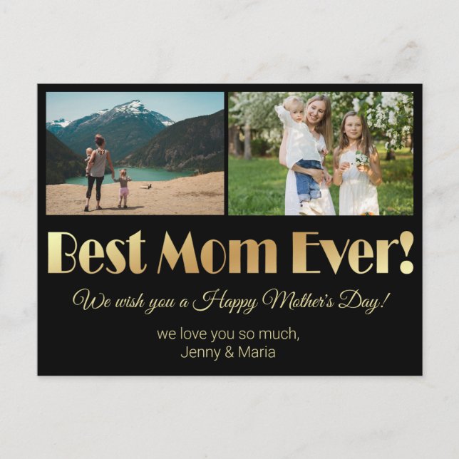 "best mum ever" gold black 2 photos collage  postcard (Front)