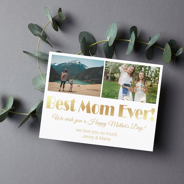 "best mum ever" gold luxury 2 photos collage  postcard (Creator Uploaded)