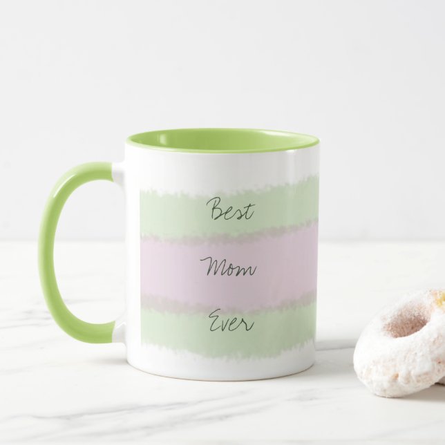 Best Mum Ever Green and Pink Striped Pattern Mug (With Donut)