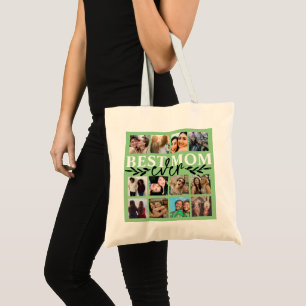 Best Mum Ever Green Photo Collage Calligraphy Tote Bag