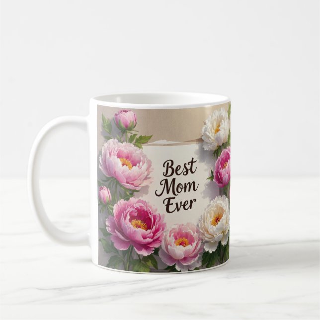 Best Mum Ever”Hand-painted peonies and cursive Coffee Mug (Left)