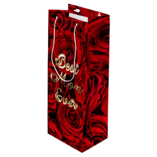 Best Mum Ever Hearts Red Roses Floral Wine Gift Bag
