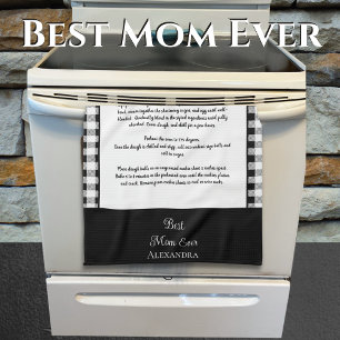 Best Mum Ever, monogram black white buffalo plaid Tea Towel