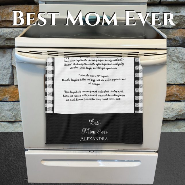 Best Mum Ever, monogram black white buffalo plaid Tea Towel (Creator Uploaded)