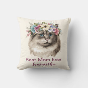 Best Mum Ever Monogram Name Watercolor Floral Cat Cushion