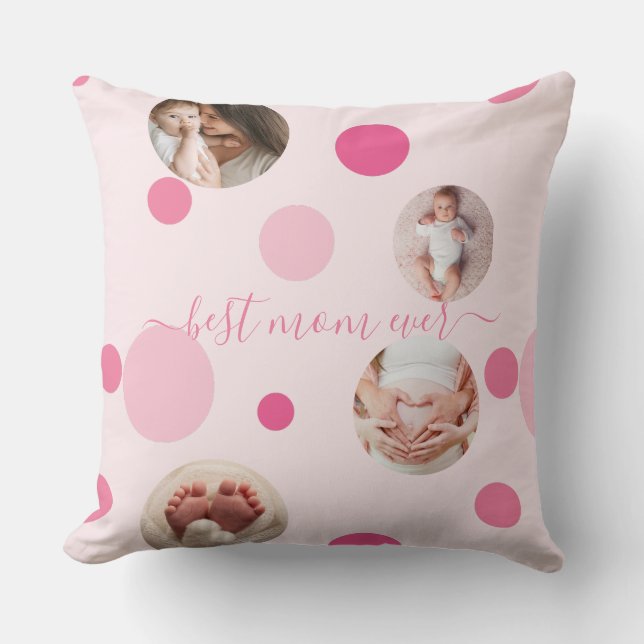 Best Mum ever Mother's Day Photo Pink polka Dots Cushion (Front)