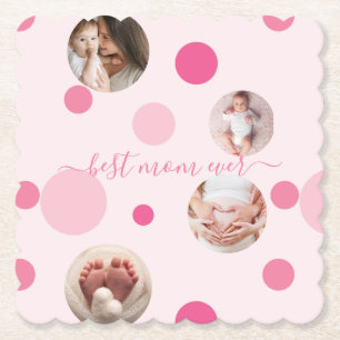 Best Mum ever Mother's Day Photo Pink polka Dots Paper Coaster