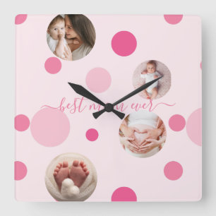 Best Mum ever Mother's Day Photo Pink polka Dots Square Wall Clock