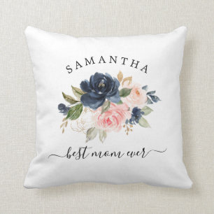 Best Mum Ever Navy Pink Watercolor  Gold Floral Cushion