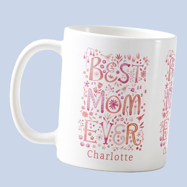 Best Mum Ever Personalised Coffee Mug (Best Mom Ever personalized name pink watercolor hand lettering coffee mug)