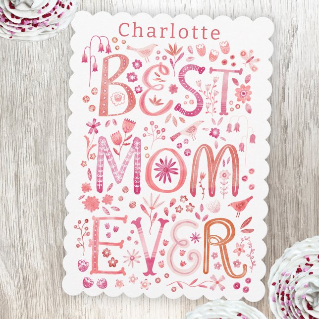 Best Mum Ever Personalised Mothers Day Card (Best Mom Ever personalized name Mother's Day card with watercolor hand lettering)