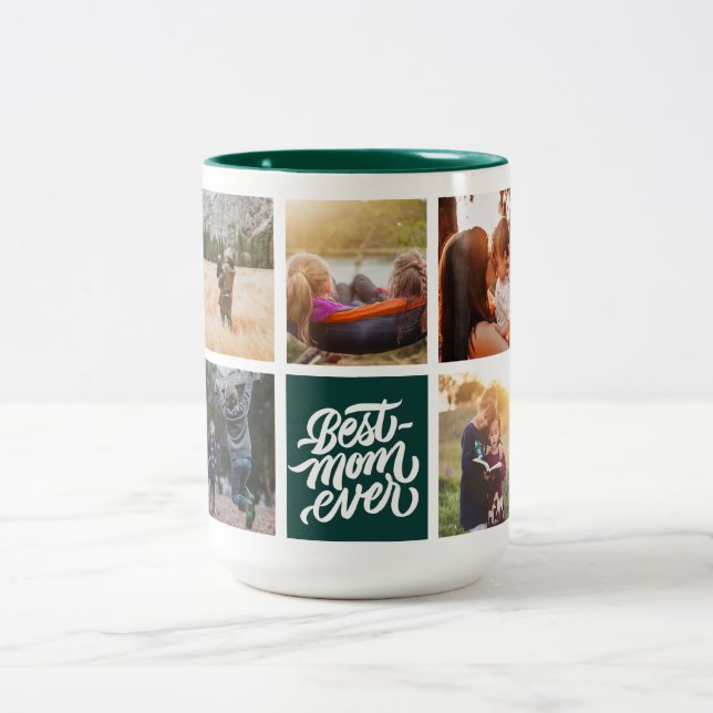Best Mum Ever Personalised Photo Collage Green Two-Tone Coffee Mug (Center)