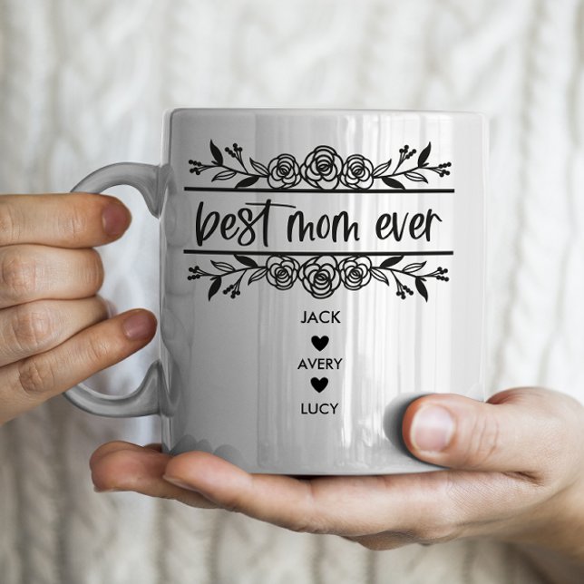 "Best Mum Ever" Personalised with 3 Kids Names Coffee Mug (Creator Uploaded)
