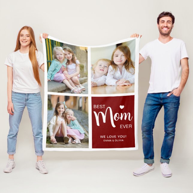 Best Mum Ever Photo Collage Deep Red Fleece Blanket (In Situ)